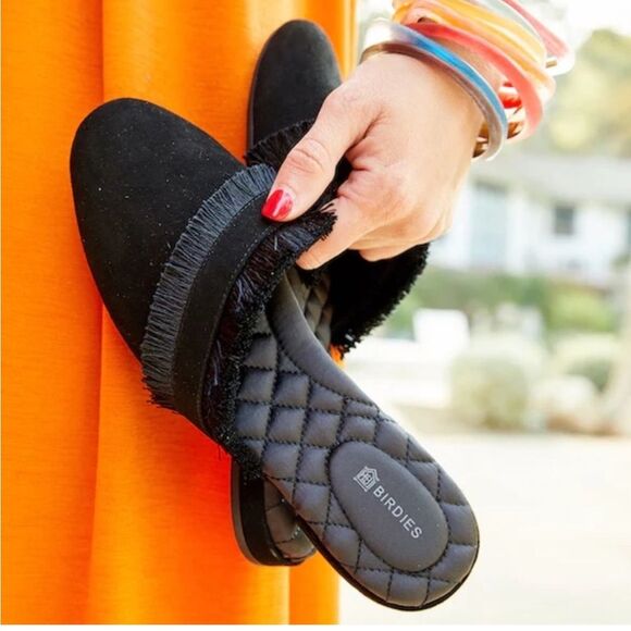 Birdies The Ani Fringe Suede Leather Asymmetric Slip-On Mule Slides Black US 8 - Picture 1 of 8